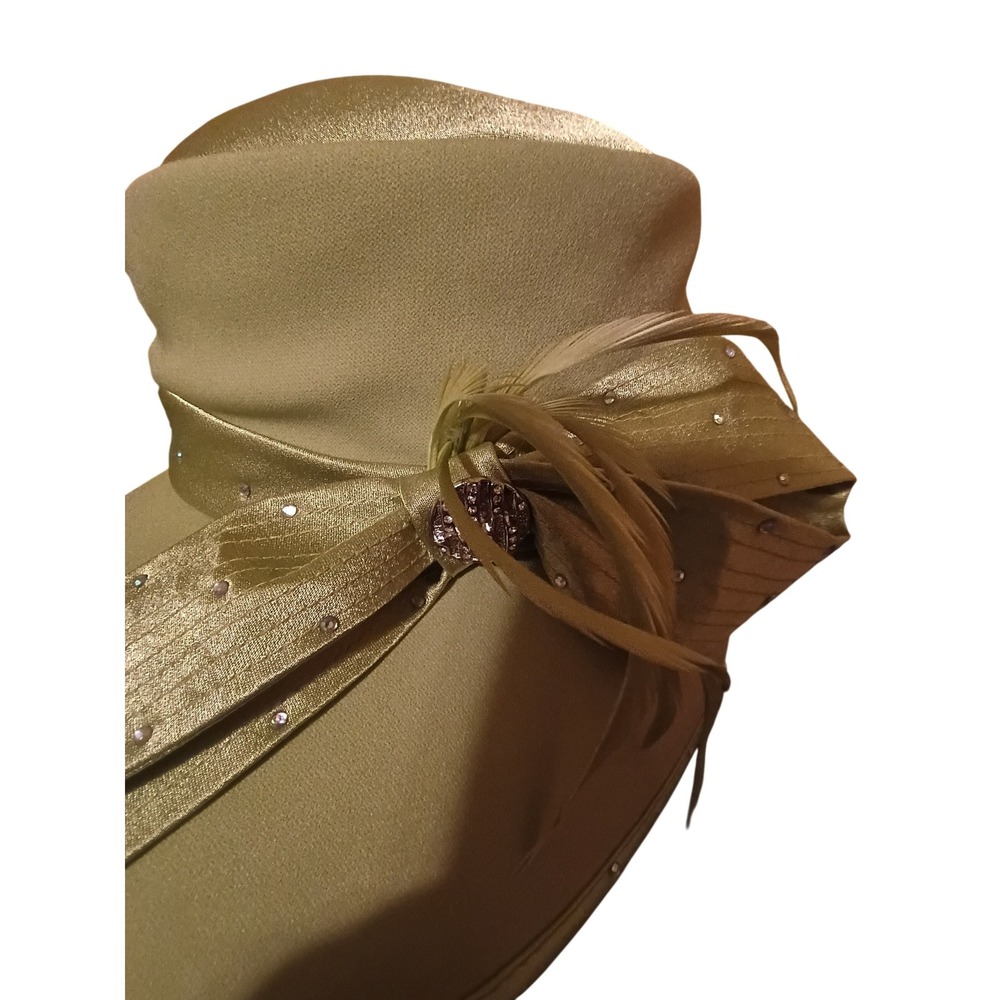 ML Studio Womens Chartreuse Green Dress Hat Bow Feathers Rhinestones One Size - Picture 2 of 6